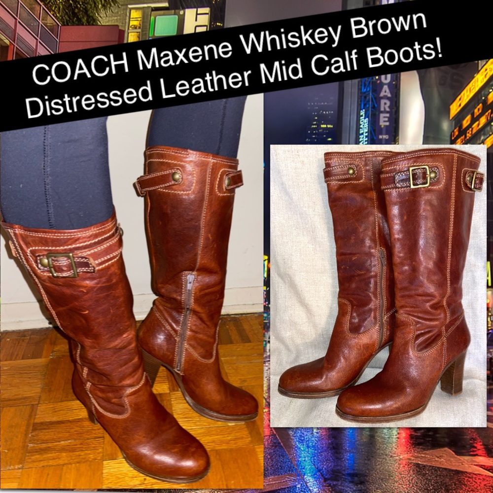 COACH Maxene Whiskey Brown Leather Mid Calf Boots!